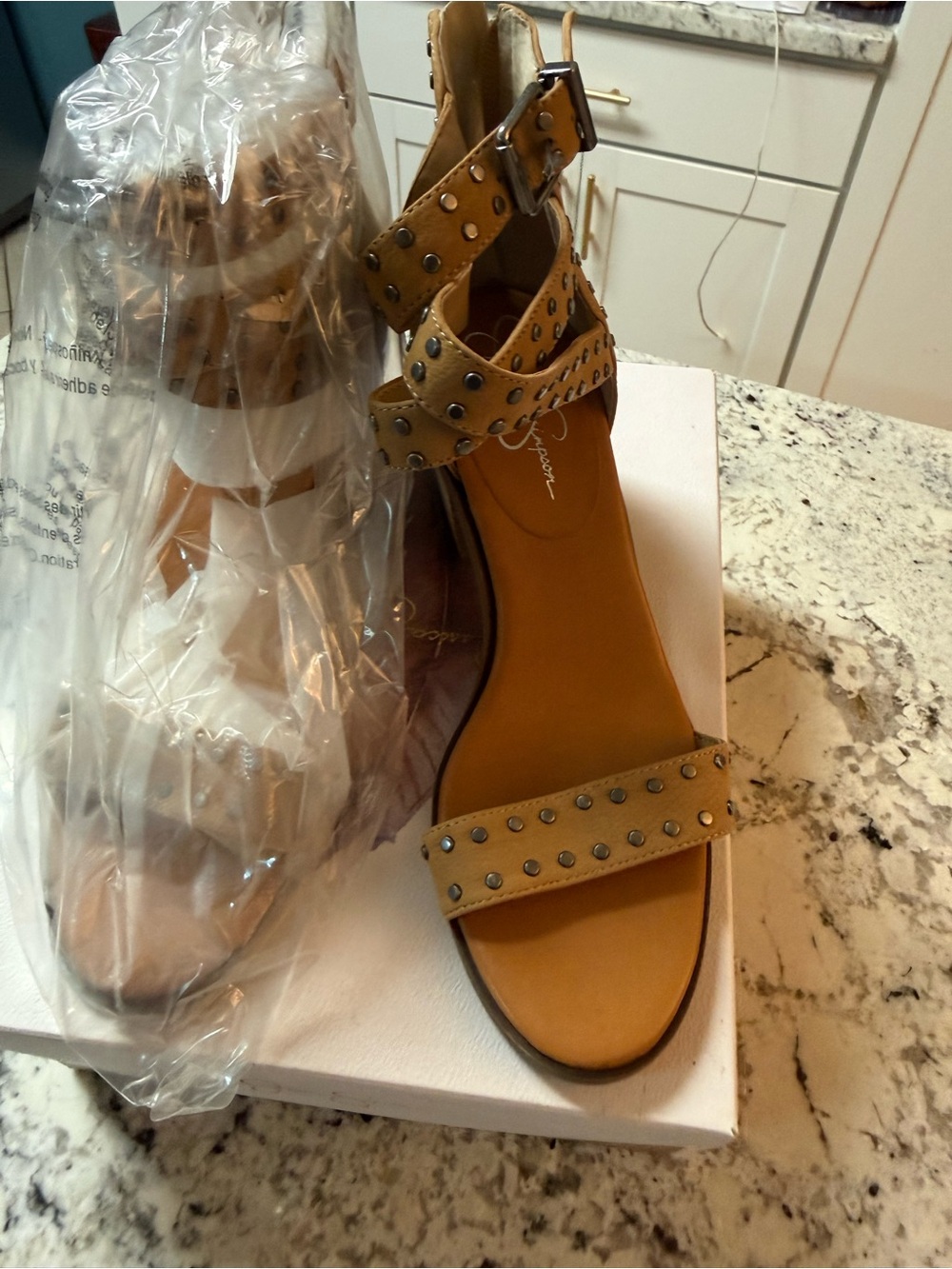 Jessica Simpson Tan Studded Ankle-Strap Flat Sandals